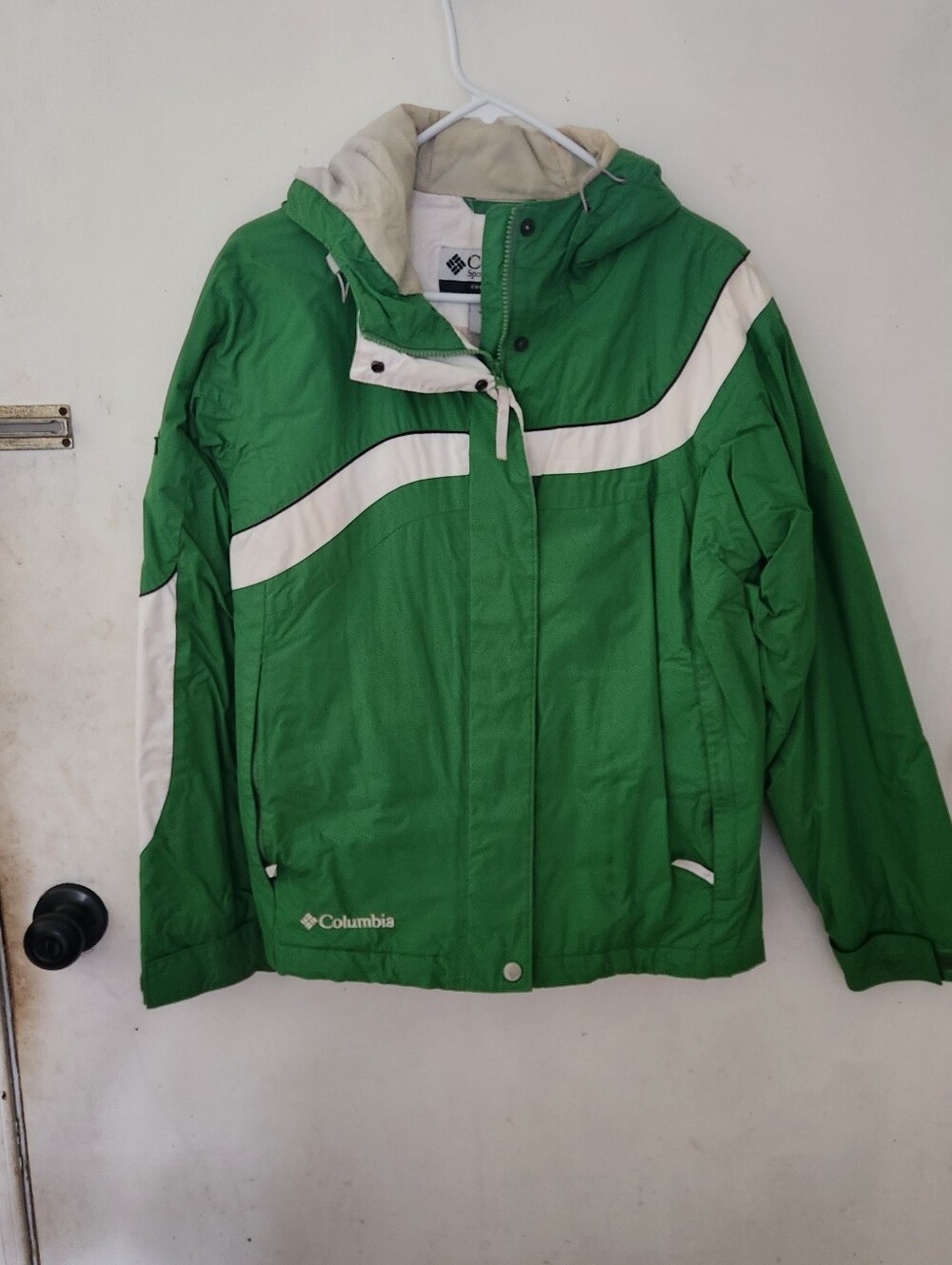 Columbia Green and Cream Kids' Hooded Rain Jacket